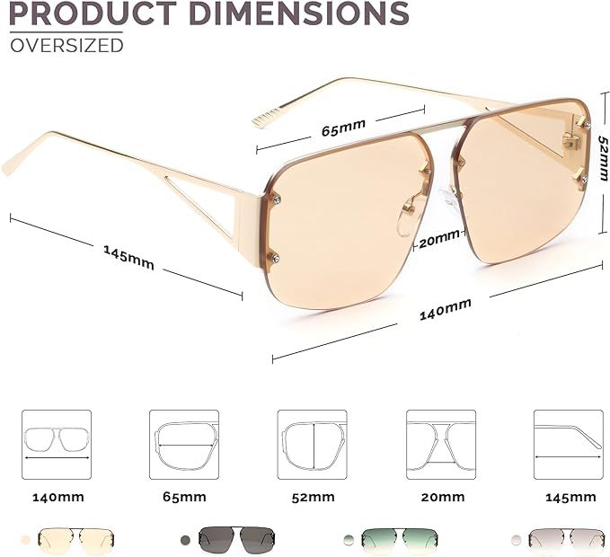 Designer Aviator Rimless Sunglasses Mens Womens Oversized Trendy Metal Frame Shades