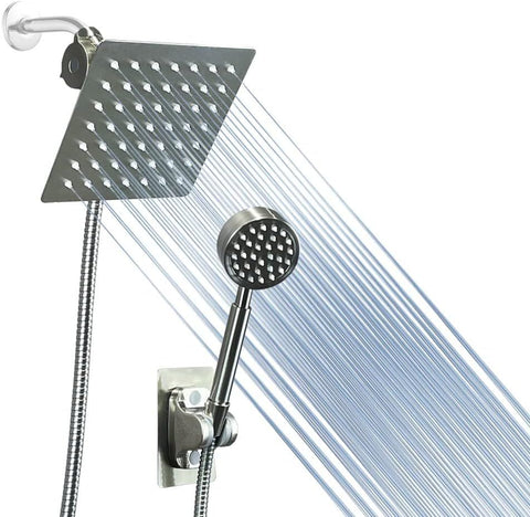 6 inch Shower Head with handheld, High Pressure 6" Rainfall Stainless Steel Shower Head/Handheld Shower with hose (Square, Chrome.)