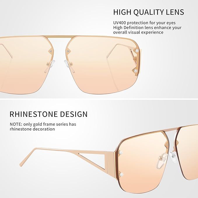Designer Aviator Rimless Sunglasses Mens Womens Oversized Trendy Metal Frame Shades