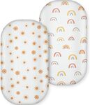Bassinet Sheets, Ultra Stretchy Snug Fitted, Bassinet Sheet Set Mattress Protector, 2 Pack, Rainbow & Sun