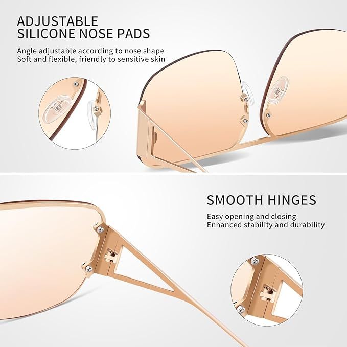 Designer Aviator Rimless Sunglasses Mens Womens Oversized Trendy Metal Frame Shades