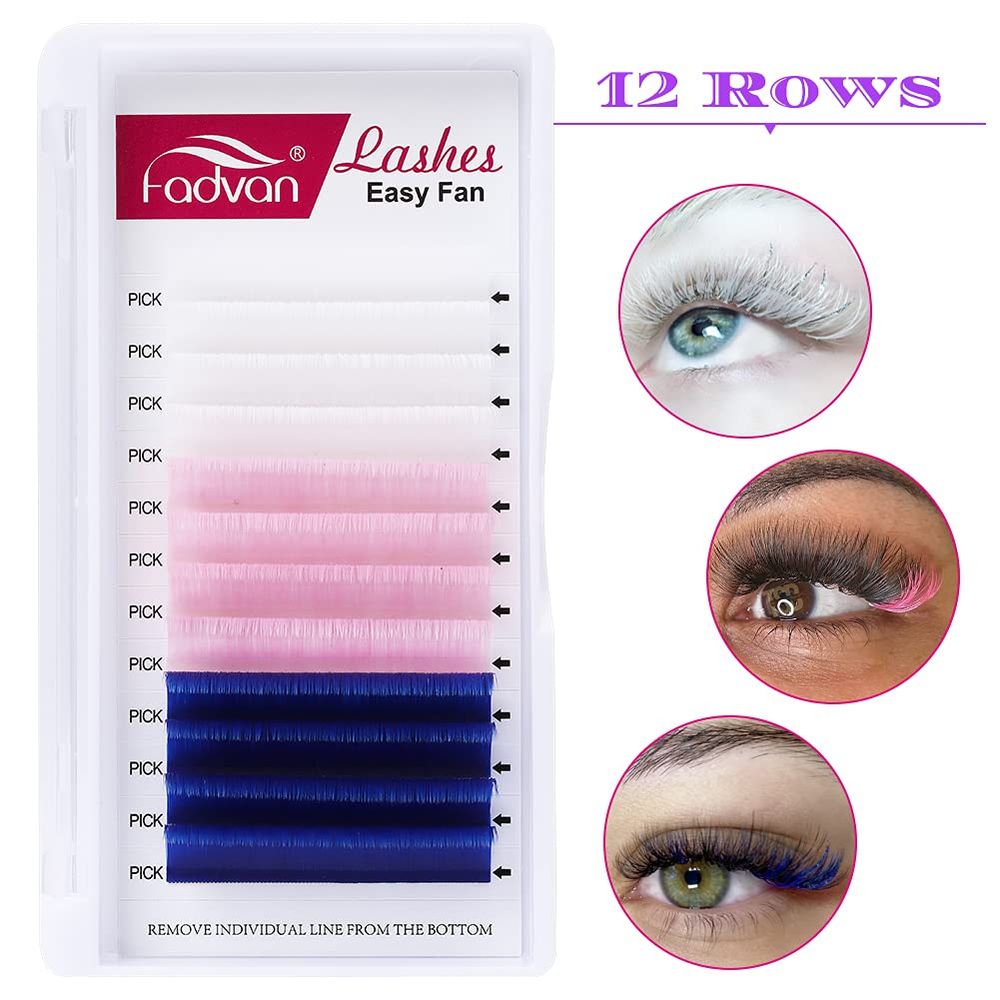 Volume Eyelash Extensions - Mixed White, Pink, Blue Lashes - 0.07mm D Curl 16mm