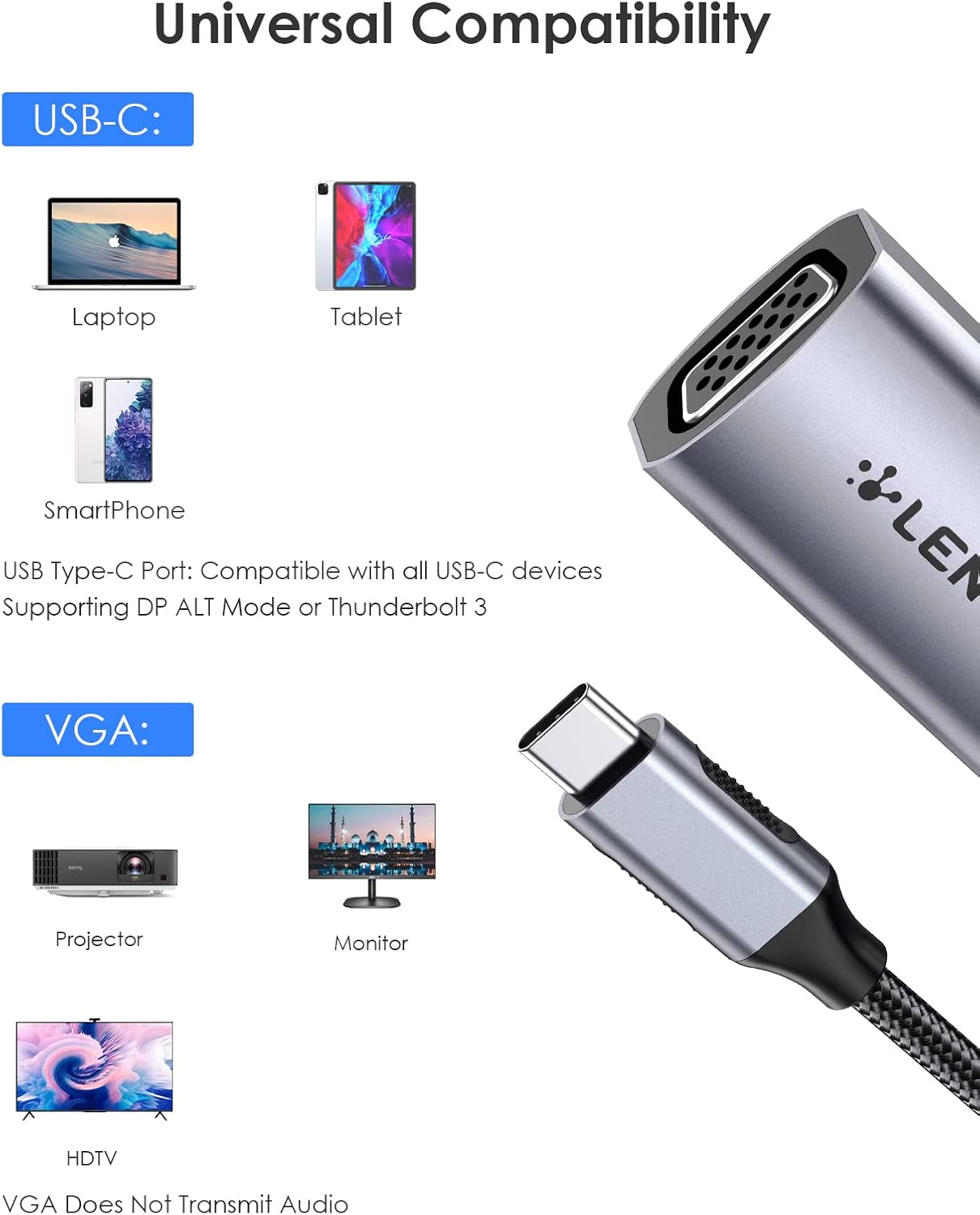 USB C to VGA Adapter, Type C to VGA Monitor Converter Compatible 2023-2016 MacBook Pro 13/15/16,New iPad/Surface/Mac Air/Samsung Galaxy, Surface, iPad, Chromebook, Phone(CU606,Gray)