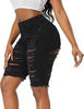 Women's Casual Denim Bermuda Jean Shorts Mid Rise Ripped Distressed Black-Small