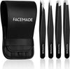 FACEMADE 4 Pack Tweezers Set - Professional Stainless Steel Tweezers, Precision Eyebrow Tweezers for Facial Hair, Chin, and Ingrown Hair Removal (Black)