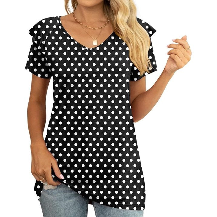 Womens Summer Tops Casual V Neck Ruffle Short Sleeve T Shirts Loose Fit Blouses- 3XL