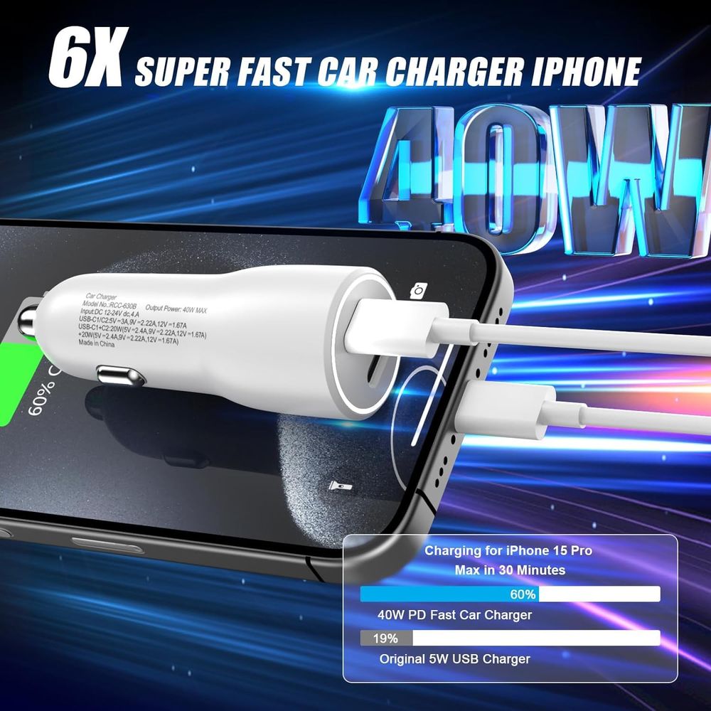 USB C Car Charger Adapter, 40W Dual USB C Car Charger Cigarette Lighter with 2 Pack Type C to C Fast Charging Cable for iPhone 15/15 Plus/15 Pro/15 Pro Max, Galaxy S24/S23/S22/S21, iPad Pro/Air/Mini