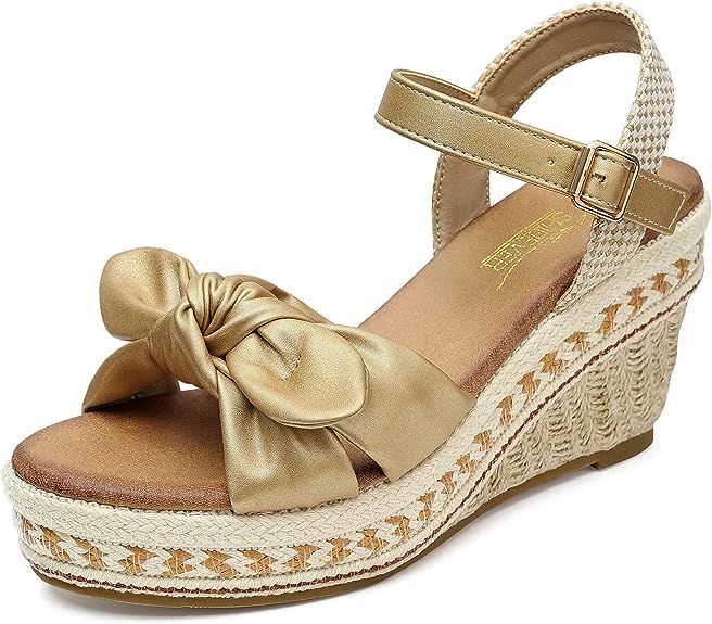 SHIBEVER Wedge Sandals For Women Dressy: Summer Women's Wedges Sandals Open Toe Espadrille Ankle Strap Ladies Shoes, Champagne, 7