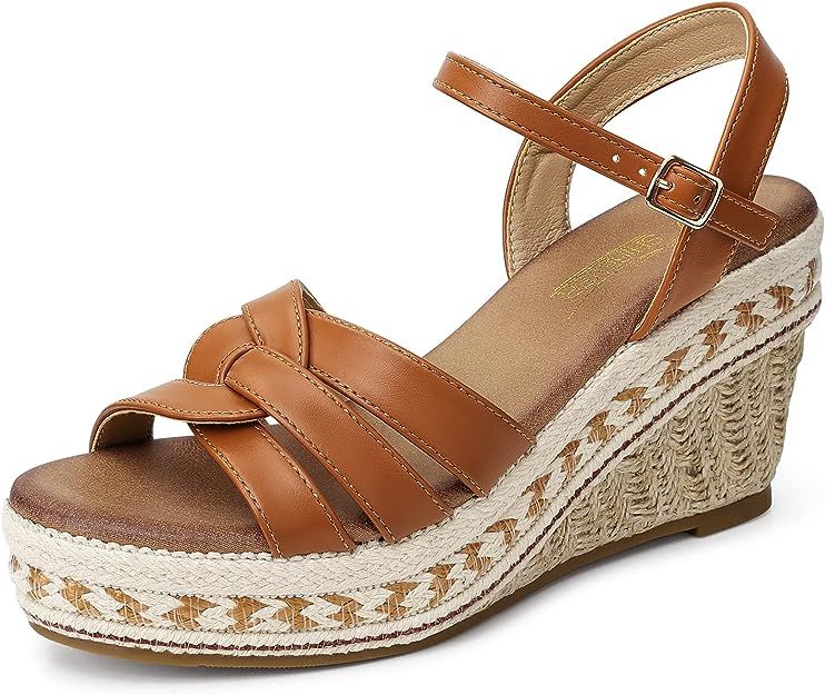 SHIBEVER Wedge Sandals For Women Dressy: Summer Women's Wedges Sandals Open Toe Espadrille Ankle Strap Ladies Shoes, Brown, 10.5
