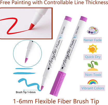 12 Colors Paint Markers with 10 Pieces of Unfinished Arts Wood Slices (2.5-3 Inches),Brush Tip Markers for Canvas, Stone, Rock Painting, Ceramic Surfaces