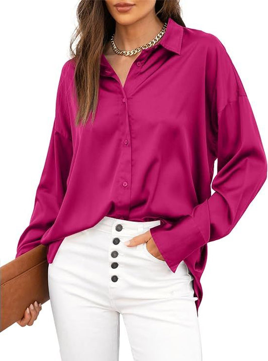 Women's Silk Satin Blouses Button Down Shirts Casual Loose Long & Short Sleeve Office Work Tunic Tops, Large