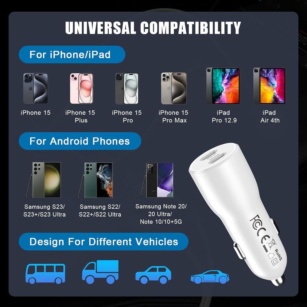 USB C Car Charger Adapter, 40W Dual USB C Car Charger Cigarette Lighter with 2 Pack Type C to C Fast Charging Cable for iPhone 15/15 Plus/15 Pro/15 Pro Max, Galaxy S24/S23/S22/S21, iPad Pro/Air/Mini