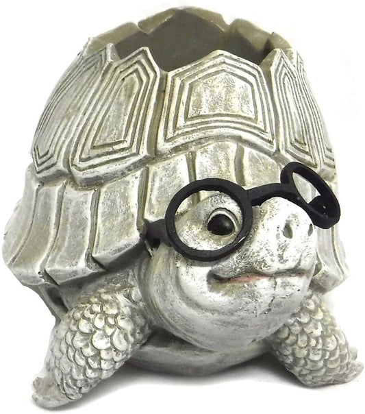 9.75" White and Black Turtle with Glasses Outdoor Planter