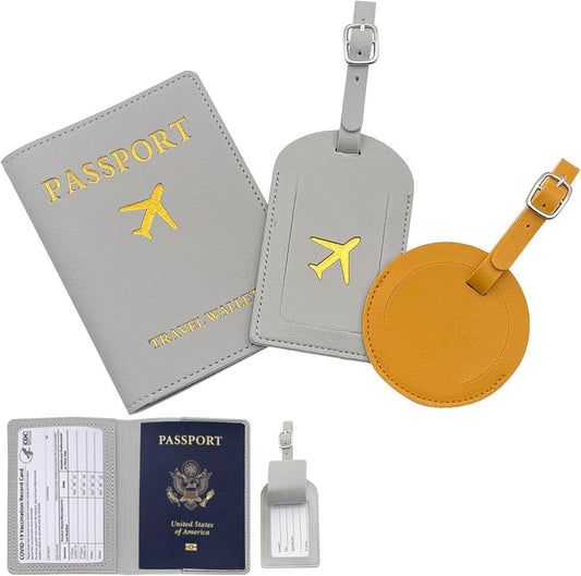 Leather Passport Holder and Luggage Tag Set - Grey