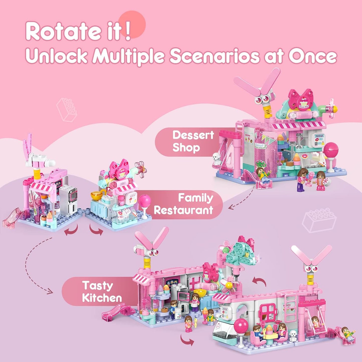 STEM 3-in-1 Building Educational Toys for Girls, Sweet & Cake Bakery Creative Building Blocks with APP 3D Guide & Funny Sound
