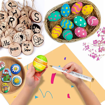 12 Colors Paint Markers with 10 Pieces of Unfinished Arts Wood Slices (2.5-3 Inches),Brush Tip Markers for Canvas, Stone, Rock Painting, Ceramic Surfaces