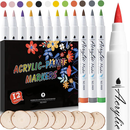 12 Colors Paint Markers with 10 Pieces of Unfinished Arts Wood Slices (2.5-3 Inches),Brush Tip Markers for Canvas, Stone, Rock Painting, Ceramic Surfaces