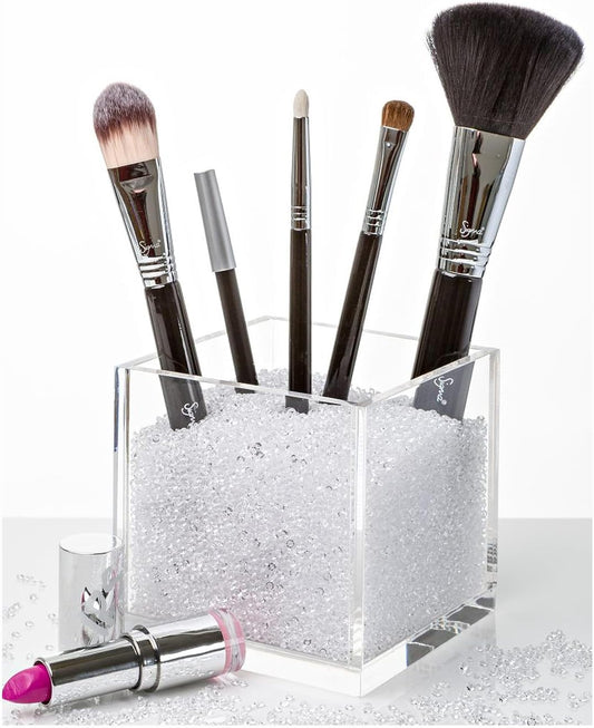 Acrylic Makeup Brush Holder with Beads - includes over 50,000 Beautiful Crystal-Clear Diamonds