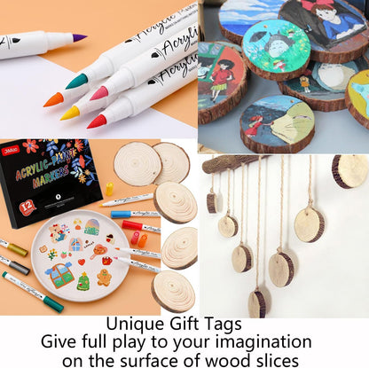 12 Colors Paint Markers with 10 Pieces of Unfinished Arts Wood Slices (2.5-3 Inches),Brush Tip Markers for Canvas, Stone, Rock Painting, Ceramic Surfaces