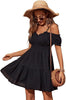 Zexxxy Women's Summer Off Shoulder Mini Dress Spaghetti Strap Ruffle Puff Sleeve Smocked Cotton Linen Dress with Pockets, Black, XL