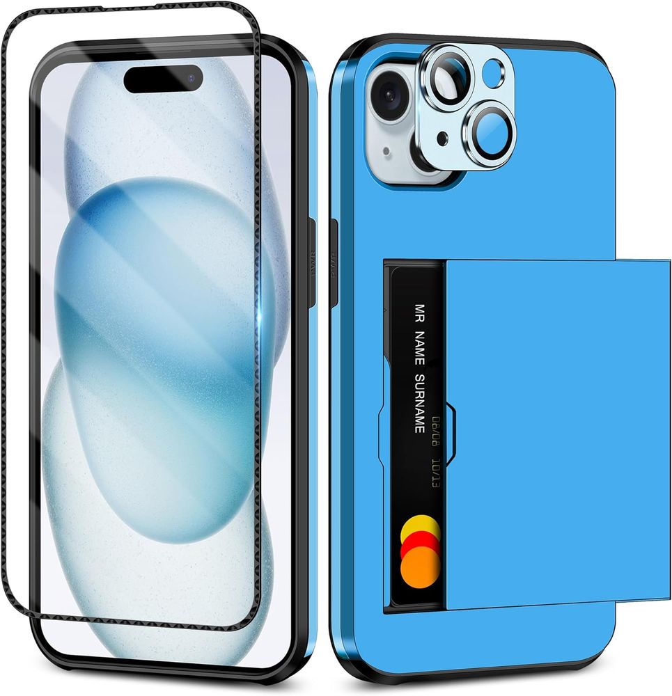 iPhone 15 Case with Card Holder & Screen Protector & Camera Cover 4-in-1 Full Body Hybrid iPhone 15 Protective Case Wallet Shockproof (Light Blue)