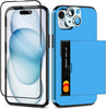 iPhone 15 Case with Card Holder & Screen Protector & Camera Cover 4-in-1 Full Body Hybrid iPhone 15 Protective Case Wallet Shockproof (Light Blue)