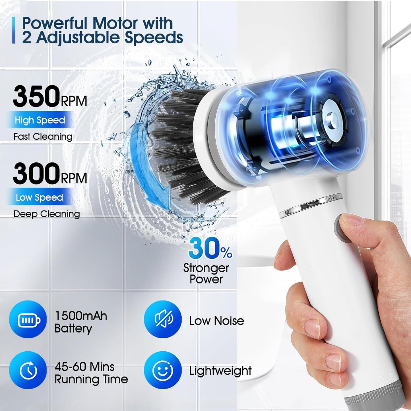 Electric Spin Scrubber, Bathroom Cleaning Brush with 6 Replaceable Heads, 2 Speeds, Cordless Shower Cleaner Brush, Spin Brush for Cleaning Bathroom, Tub, Tile, Kitchen, Floor, Car (White)