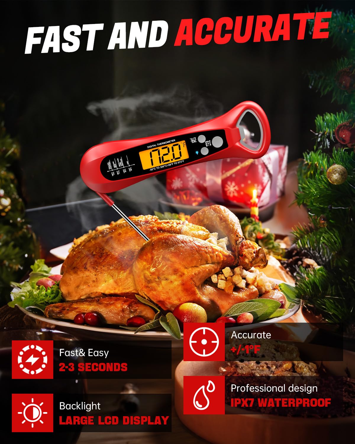 Digital Meat Thermometer for Cooking-Backlight, Calibration, Ultra Fast, Waterproof Instant Read Digital Food Thermometer