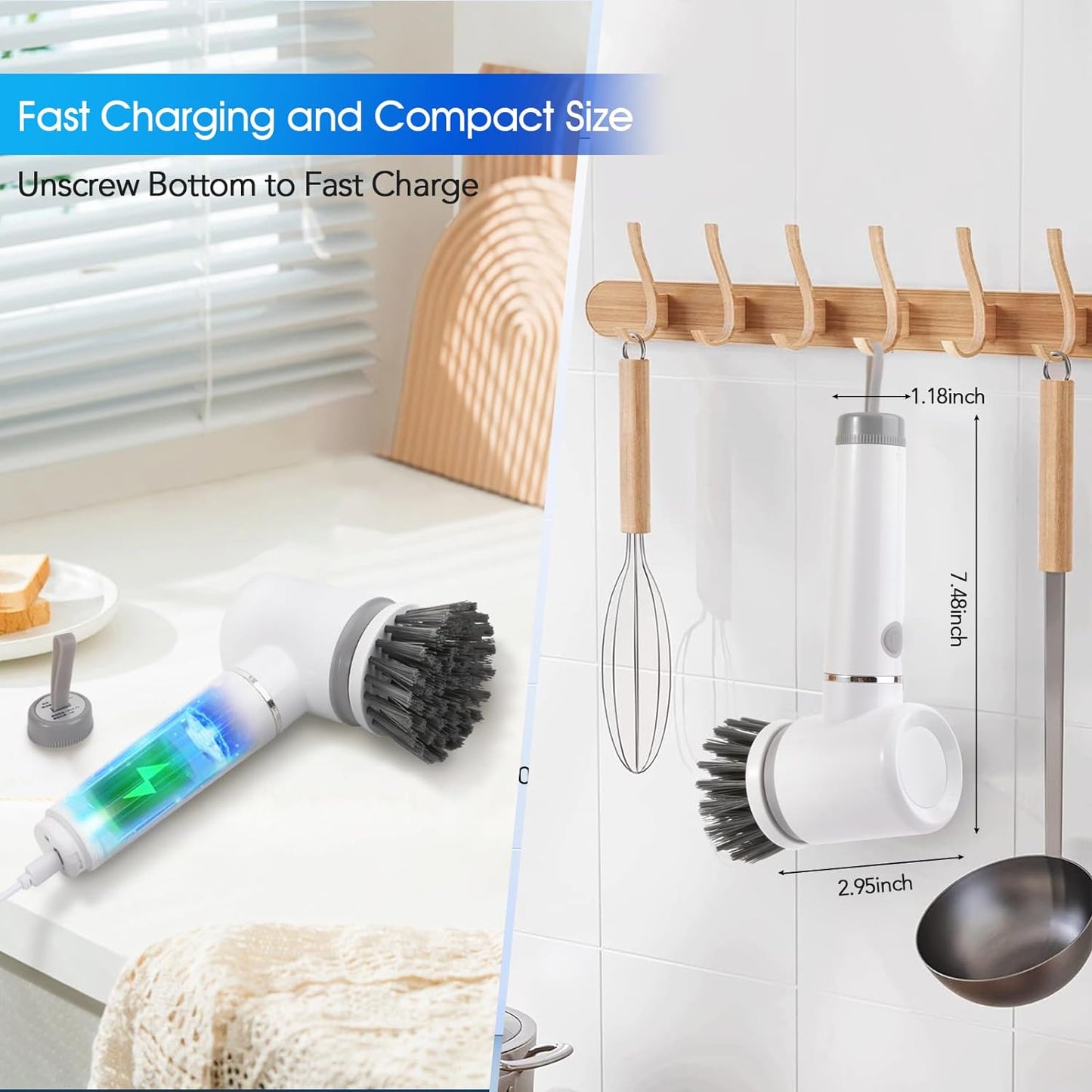 Electric Spin Scrubber, Bathroom Cleaning Brush with 6 Replaceable Heads, 2 Speeds, Cordless Shower Cleaner Brush, Spin Brush for Cleaning Bathroom, Tub, Tile, Kitchen, Floor, Car (White)