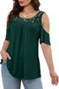 Plusashion Women's Plus Size Dressy/Casual Tunics Blouses Lace Summer Cold Shoulder Shirts Short Sleeve, Dark Green, 1X