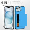 iPhone 15 Case with Card Holder & Screen Protector & Camera Cover 4-in-1 Full Body Hybrid iPhone 15 Protective Case Wallet Shockproof (Light Blue)