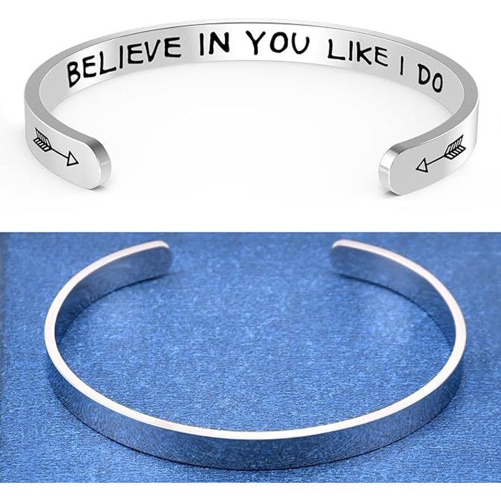 Stainless Steel Bracelet with Secure Clasp- Flexible, Adjustable for Wrists 5-8.5 Inches, Engraved with "Believe in You Like I Do" and Two Arrows- Perfect Mother's Day, Birthday, Christmas, Graduation