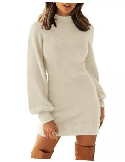 Women's 2024 Casual Turtleneck Long Puff Sleeve Soft Fuzzy Knit Bodycon Pullover Mini Sweater Dress-L