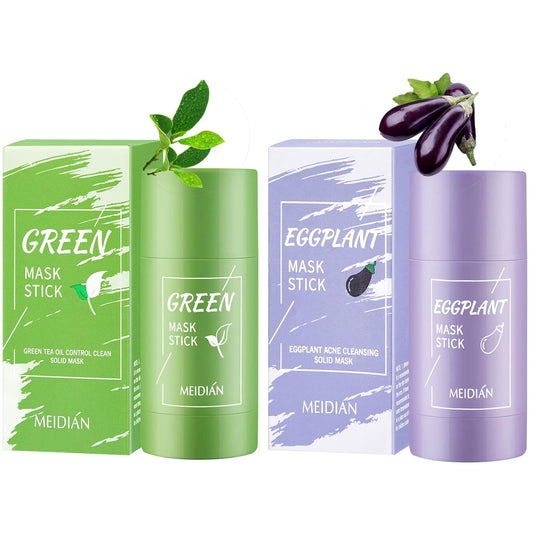 Green Tea Mask Stick Green Stick Blackhead Remover Purifying Clay Stick Mask Eggplant Oil Controlled Solid Deep Cleansing Mud Film Remove Blackhead Face Mask Acne Clearing 2Pack