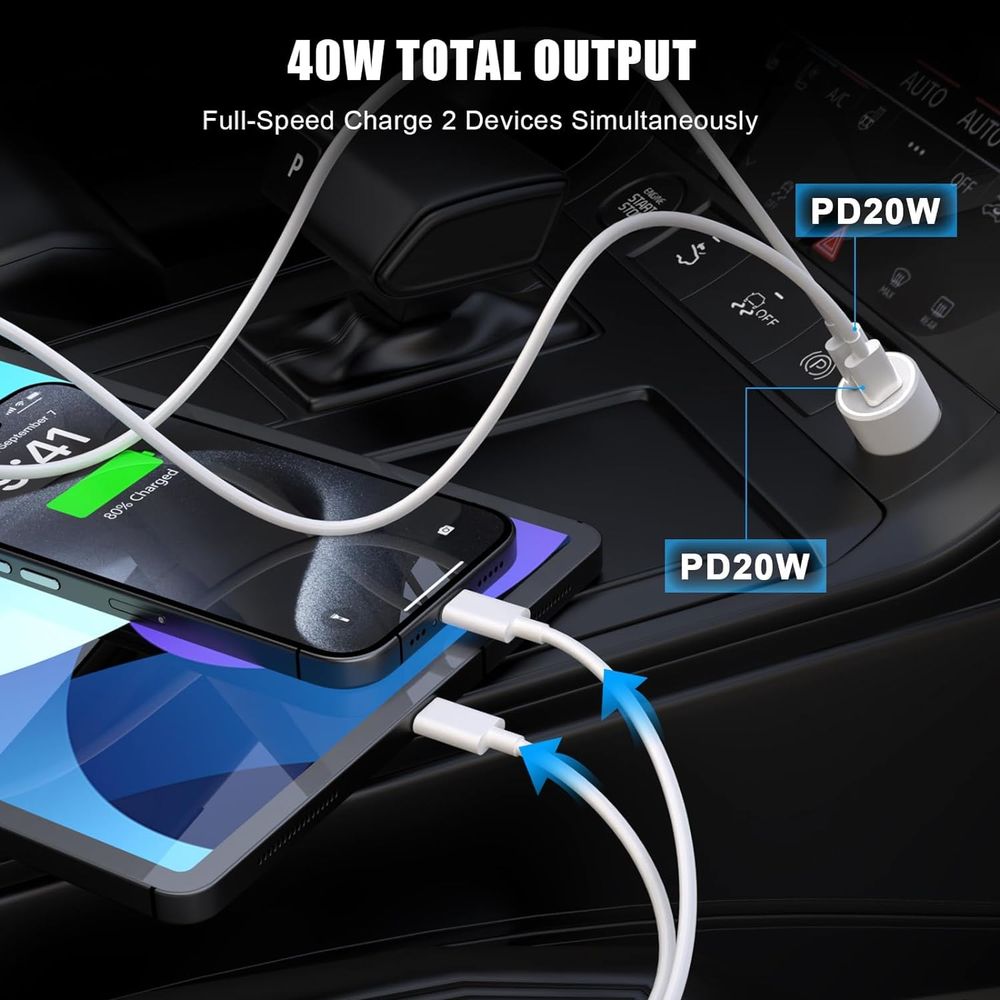 USB C Car Charger Adapter, 40W Dual USB C Car Charger Cigarette Lighter with 2 Pack Type C to C Fast Charging Cable for iPhone 15/15 Plus/15 Pro/15 Pro Max, Galaxy S24/S23/S22/S21, iPad Pro/Air/Mini