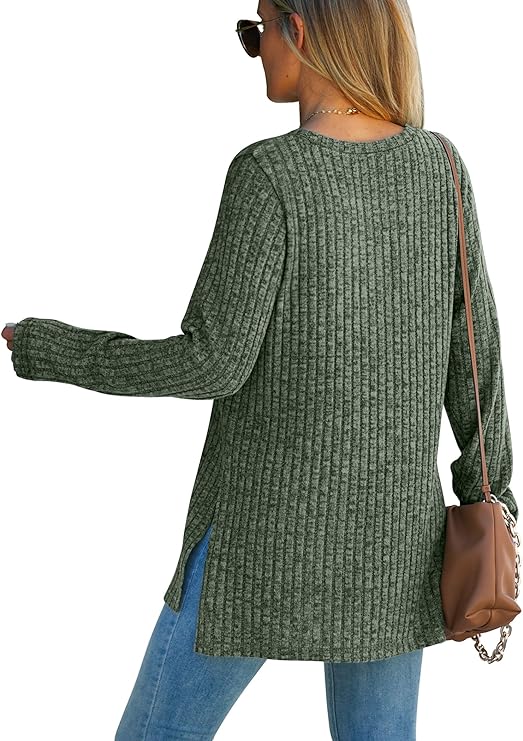 WIHOLL Long Sleeve Shirts for Women Lightweight Crew Neck Casual Tunic Tops with Side Split, Green/Gray, Large