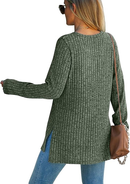 WIHOLL Long Sleeve Shirts for Women Lightweight Crew Neck Casual Tunic Tops with Side Split, Green/Gray, Large