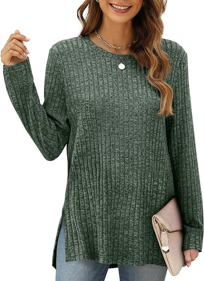 WIHOLL Long Sleeve Shirts for Women Lightweight Crew Neck Casual Tunic Tops with Side Split, Green/Gray, Large
