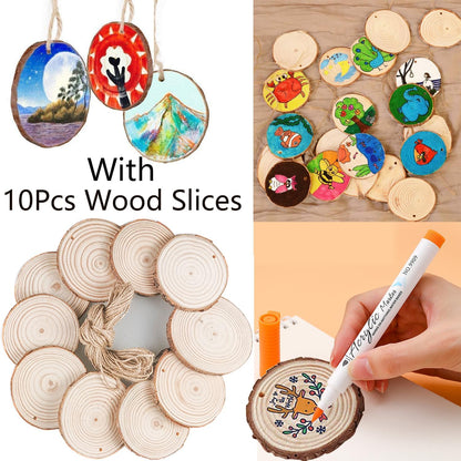 12 Colors Paint Markers with 10 Pieces of Unfinished Arts Wood Slices (2.5-3 Inches),Brush Tip Markers for Canvas, Stone, Rock Painting, Ceramic Surfaces