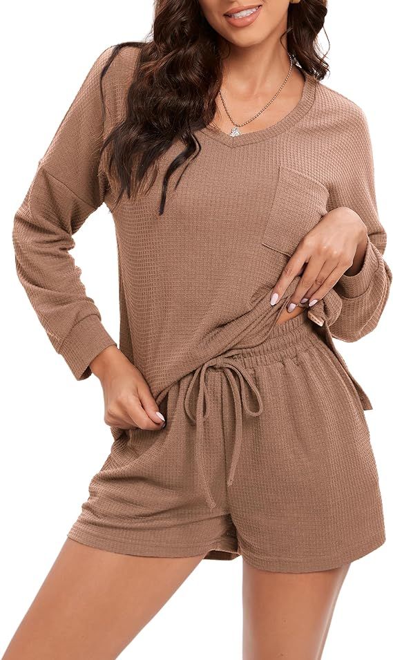Womens 2 Piece Outfits Casual Summer Tracksuit Waffle Short Sleeve Tops Shorts 2024 Spring Trendy Clothes Set- Small