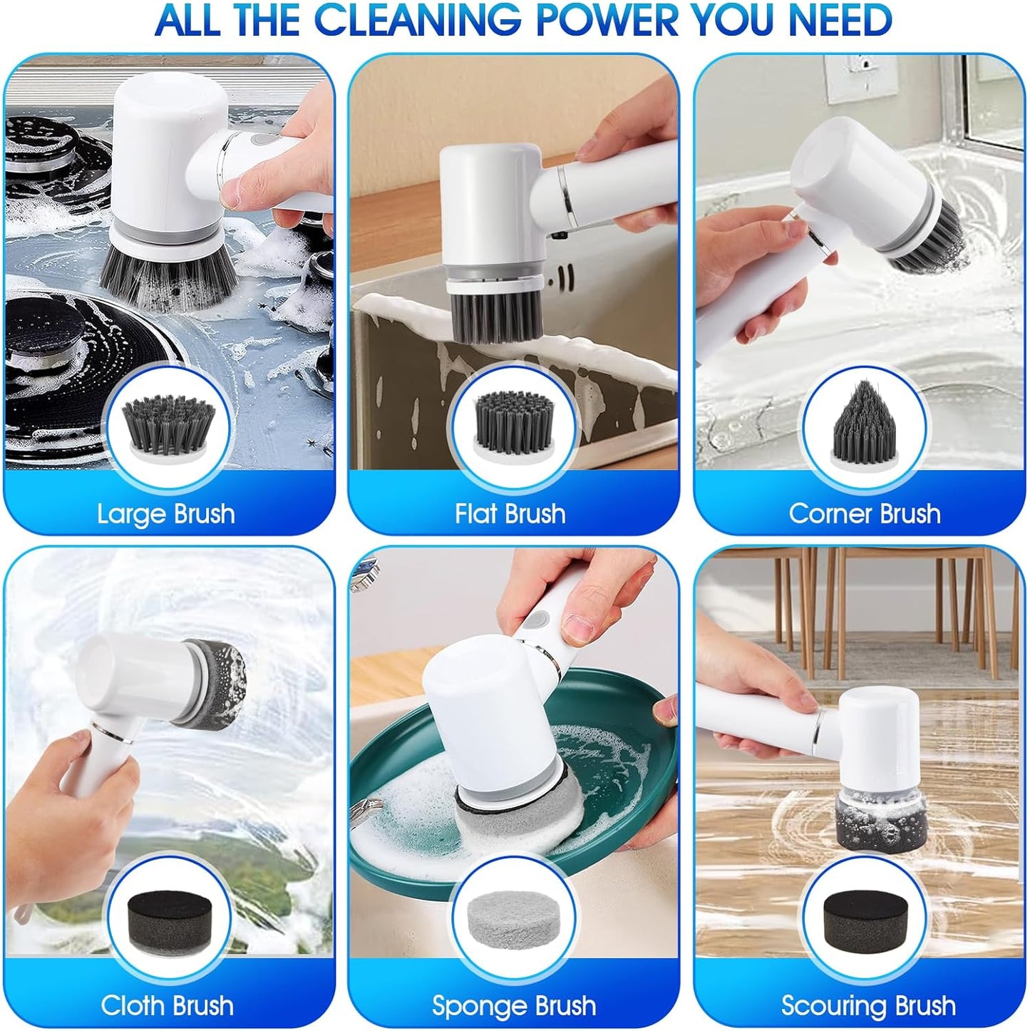 Electric Spin Scrubber, Bathroom Cleaning Brush with 6 Replaceable Heads, 2 Speeds, Cordless Shower Cleaner Brush, Spin Brush for Cleaning Bathroom, Tub, Tile, Kitchen, Floor, Car (White)