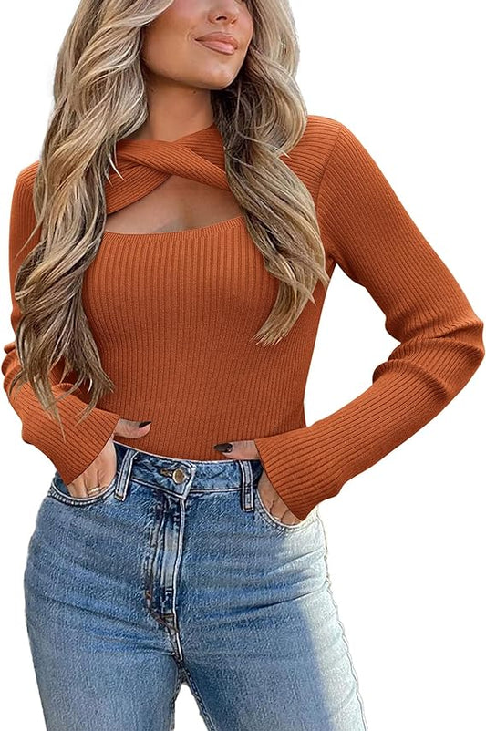 Sweaters for Women 2024 Knit Trendy Long Sleeve Lightweight Slim Fit Pullover Cutout Tops, Medium
