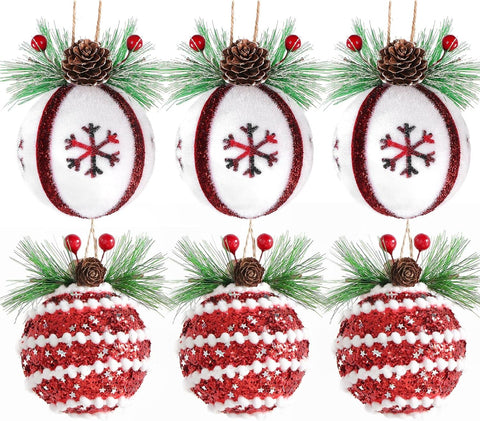 Aivanart Christmas Ornament Decorations, Red and White Set of 6Hanging Ball Baubles with Pinecones