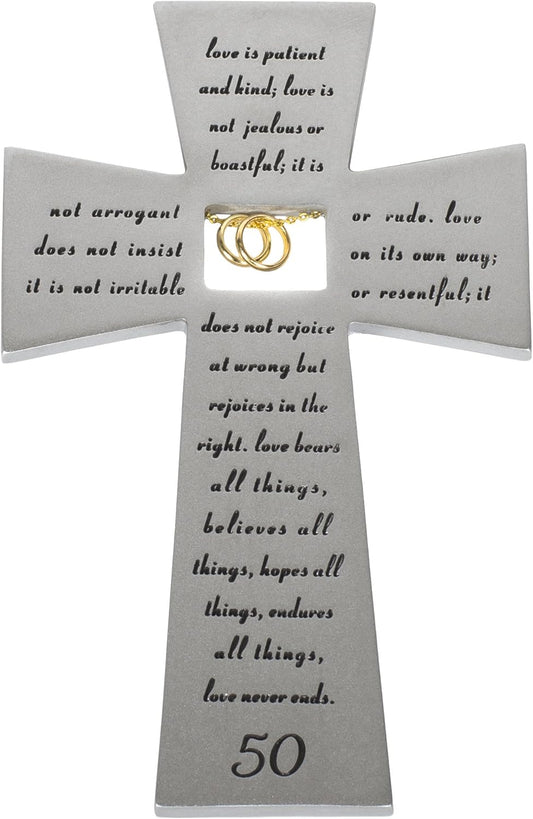 Roman 50th Wedding Anniversary "Love Never Fails" Wall Cross