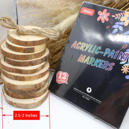 12 Colors Paint Markers with 10 Pieces of Unfinished Arts Wood Slices (2.5-3 Inches),Brush Tip Markers for Canvas, Stone, Rock Painting, Ceramic Surfaces