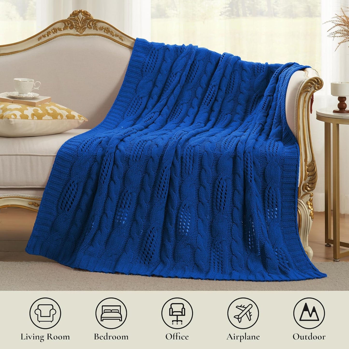 Cable Knitted Throw Blanket for Couch, Chenille Chunky Knit Throw Blanket, Decorative Farmhouse Soft and Cozy Throw Blanket for Sofa Chair Bed, Blue,50 x 60