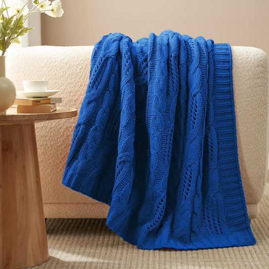 Cable Knitted Throw Blanket for Couch, Chenille Chunky Knit Throw Blanket, Decorative Farmhouse Soft and Cozy Throw Blanket for Sofa Chair Bed, Blue,50 x 60