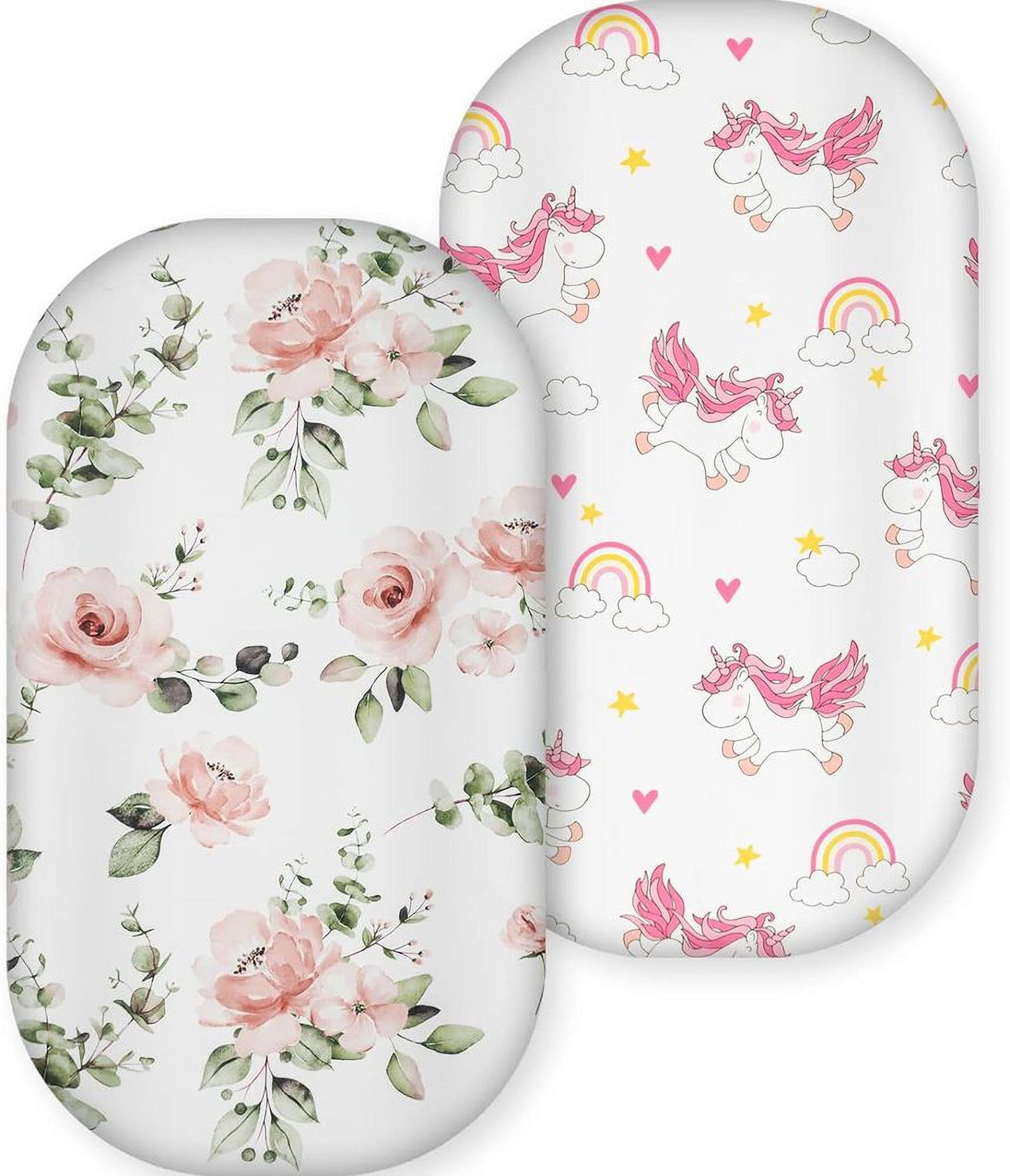 Bassinet Sheets, Ultra Stretchy Snug Fitted, Bassinet Sheet Set Mattress Protector, 2 Pack, Flower & Unicorn