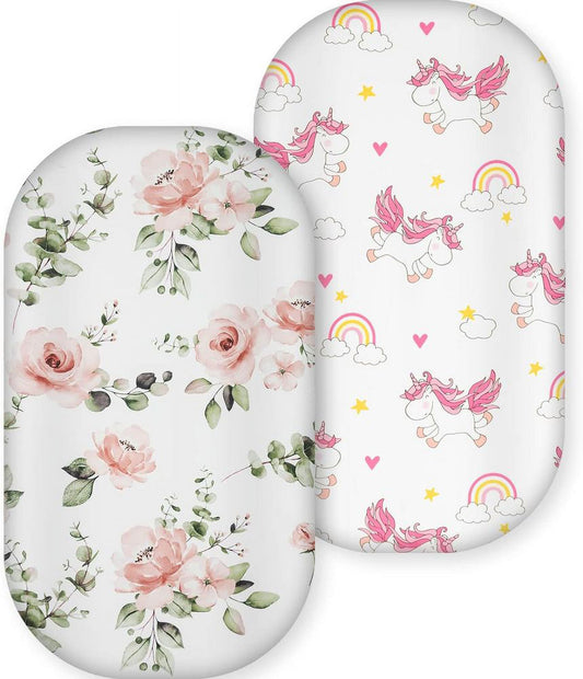 Bassinet Sheets, Ultra Stretchy Snug Fitted, Bassinet Sheet Set Mattress Protector, 2 Pack, Flower & Unicorn