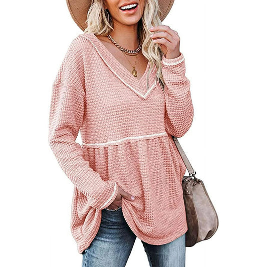Women's Waffle V Neck Tunic Peplum Flowy Long Sleeve Pullover Sweaters Dark Pink, Medium